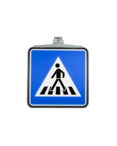 Innenbeleuchtetes LED-FGU Verkehrszeichen mit Fußgängerüberweg-Symbol in Frontansicht.
