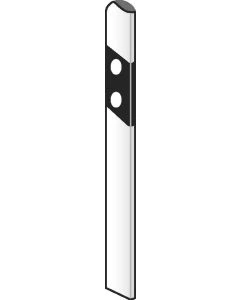 Illustration eines weißen Sockelleitpfostens mit schwarzen Reflektoren, dargestellt als schlanker Verkehrsleitpfosten für Straßenränder