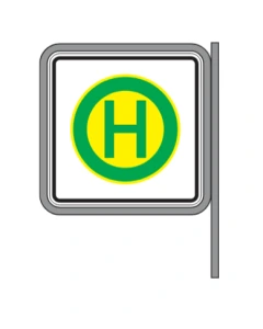 „Rohrständer als Fahne mit montiertem Verkehrsschild (Haltestelle) in Fahnenform