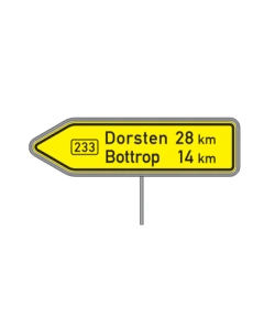 Illustration eines gelben Wegweisers in Pfeilform mit Entfernungsangaben, montiert an einem vertikalen Rohrständer