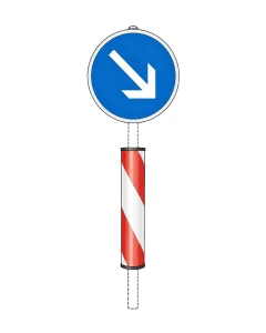 Leitsäule TWIGGY mit Verkehrszeichen „Vorgeschriebene Fahrtrichtung rechts unten“ montiert auf Rohrpfosten