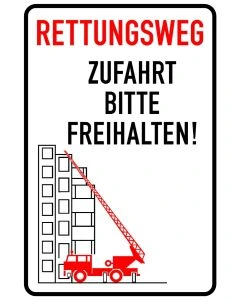 Hinweisschild Rettungsweg Zufahrt bitte freihalten mit rotem Feuerwehrfahrzeug und Drehleiter