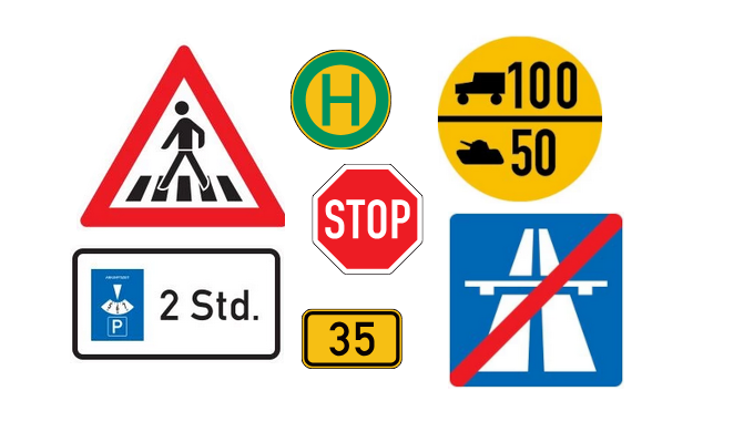 Verschiedene Verkehrszeichen kaufen: Fu&szlig;g&auml;nger&uuml;berweg, Haltestelle, Zusatzzeichen mit Gewichtsangaben, Stoppschild, Parkscheibe mit &sbquo;2 Std.&lsquo;, Geschwindigkeitsangabe und Ende der Autobahn.