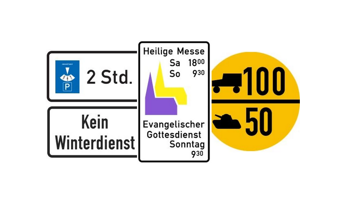 Zusatzzeichen nach StVO mit Parkscheibe, Kein Winterdienst, Gottesdienstzeiten und Gewichtsbeschr&auml;nkung
