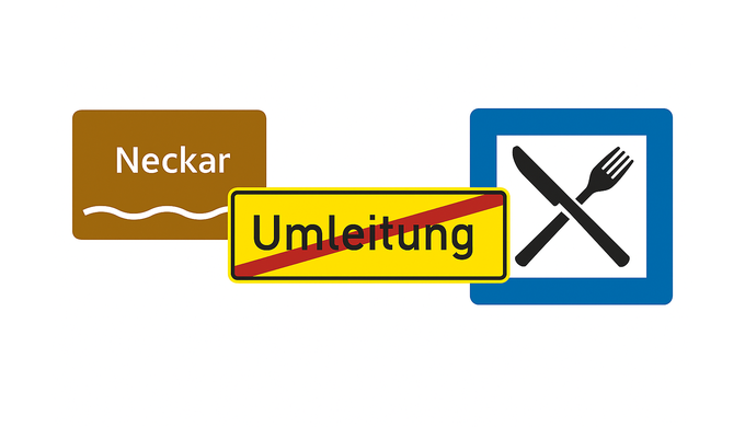 Mehrere Verkehrsschilder: braunes Hinweisschild &sbquo;Neckar&lsquo;, gelbes Umleitungsschild und blaues Schild mit Bestecksymbol f&uuml;r Gastronomie.