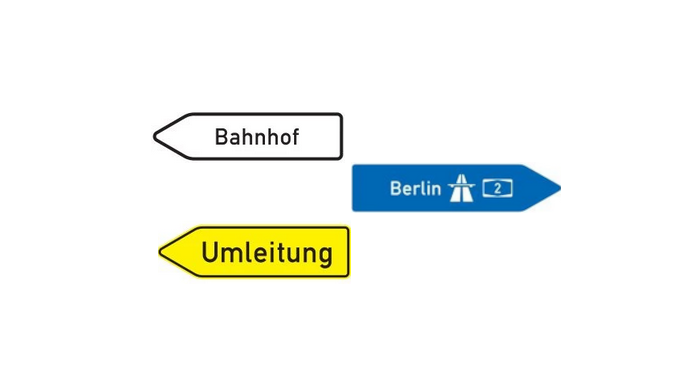 Wegweisende Beschilderung nach StVO mit wei&szlig;em Richtungsschild, gelbem Umleitungsschild und blauem Zielwegweiser